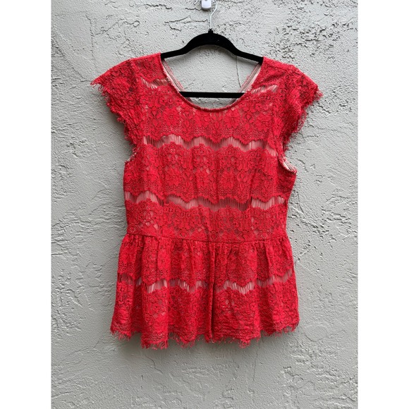Anthropologie Romantic Glam Whimsy Red Lace Peplum Top Blouse Med - Picture 1 of 8